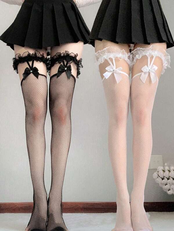 2 Pairs Lace Top Fishnet Stockings Bow Suspenders Thigh High Stockings Mesh Hold Up Stockings For Women