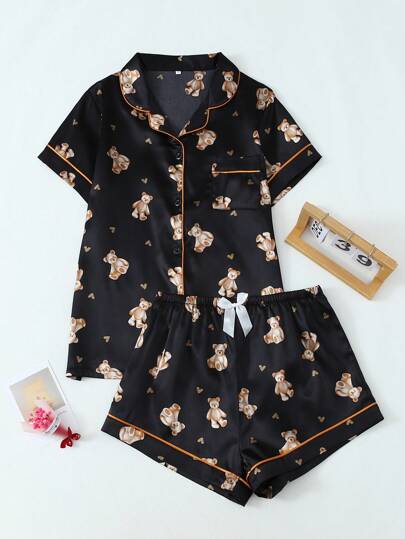 Bear Print Women Poplin Short Sleeve Shorts Pajama Set