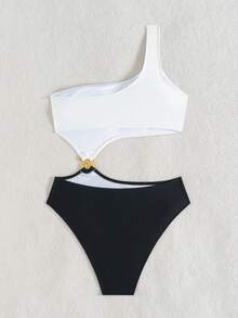 女士黑白单肩连体泳衣，适合夏季海滩度假 - 黑白 - 查看 6