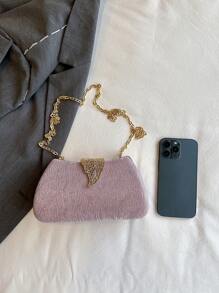 闪光手拿包，优质链条肩带和斜挎晚宴包，适合派对礼服，叶形锁金属细节，高端正式手提包，适合日常使用 - 紫色 - 查看 7