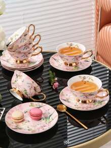 1 Set Of 6 Cups, 6 Plates, 6 Spoons (With Magpie Bird Spoons, Gold Cup Holder) & 1 Cup, 1 Plate, 1 Spoon Ceramic Tea Set, Trimmed With Gold Edges, Featured With Elegant Auspicious Bird Design, Suitable For Coffee, Dessert Plates, Vintage Afternoon Tea, Creative Minimalist Afternoon Tea Cup