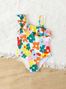 1pc Floral Print Tie Shoulder Swimsuit, Lightweight & Breathable, Spring/Summer - Multicolor - View 2