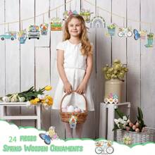 24pcs Wooden Easter Decorations, Vintage Spring Easter Decor Rabbit, Carrot, Chick, Butterfly, Flower, Truck Shape Ornaments With Hanging Ropes For Party Gifts Birthday Graduation