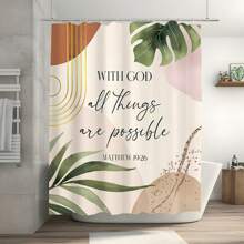1pc Letter & Leaf Print Farmhouse Style Polyester Fabric Shower Curtain, Suitable For Bathroom Partition Home Decor, Comes With 12pcs Hooks Back To School