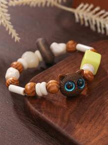 1 件木质串珠猫头鹰设计手链，精致彩色珠宝，适合女性日常佩戴 - 招財貓 - 查看 2
