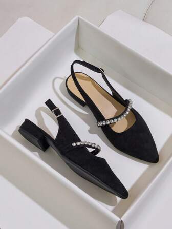 女士黑色粗跟水钻装饰尖头穆勒凉鞋，法式低跟露背系带罗马凉鞋，适合休闲、商务、户外活动