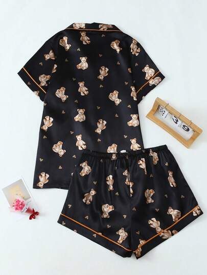 Bear Print Women Poplin Short Sleeve Shorts Pajama Set view 8