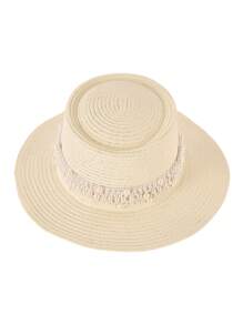 1pc Elegant Bohemian Solid Beaded & Pearl Decor UV Protection Round Top Straw Sun Hat, Fashion & Versatile For All Seasons - Straw Hat - View 12