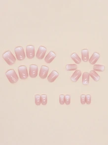 24 Pcs Ombre Press On Nails Short, Square Fake Nails With Nail Glue, Pink White Ombre Glue On Nails False Nails For Women