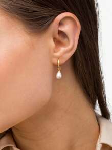 Pearl Earrings For Women, Dainty Gold Earrings 14K Gold Plated Pearl Drop Earrings Cute Pearl Hoop Earrings Hypoallergenic Dangle Pearl Earrings For Women Wedding Earrings For Brides - Gold 2 - View 2