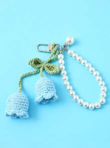 1 件创意手工钩针花朵设计背包/书包饰品、珍珠手链钥匙扣、女士小礼物
