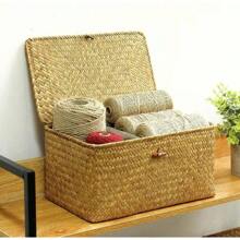 Shelf Baskets With Lid Set Of 3 Handwoven Seagrass Storage Box Wicker Basket Desktop Makeup Organizer Multipurpose Container - S - 查看 7
