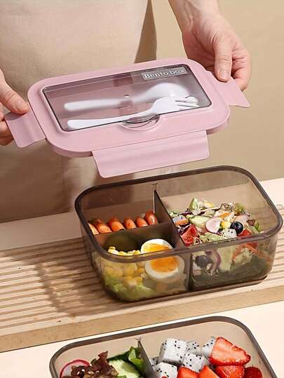 1 Set Square Solid Color Compartmental Bento Lunch Box With Lid & Utensils, Reusable Microwaveable Plastic Lunchbox Suitable For Office Workers, Students, Office, School, Parties, Outdoor, Camping, Picnics, Snacks