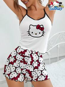 Sanrio Set da pigiama da 2 pezzi per donne con canotta e pantaloncini comodi, stampa con fiocchi, Sanrio Hello Kitty