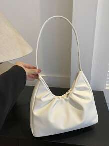 Stylish Shoulder Bag, New Solid Color Pleated Fresh Handbag With Quality Underarm Design, Suitable For Spring & Autumn , Beach Bag , Office, Cream Bag - White - View 5