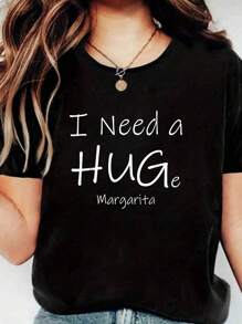 I Need A HUGe Margarita HUG Funny Drinking T-Shirt, Short Sleeve Crew Neck Shirt,Cotton Top For Women - 黑色 - 查看 1
