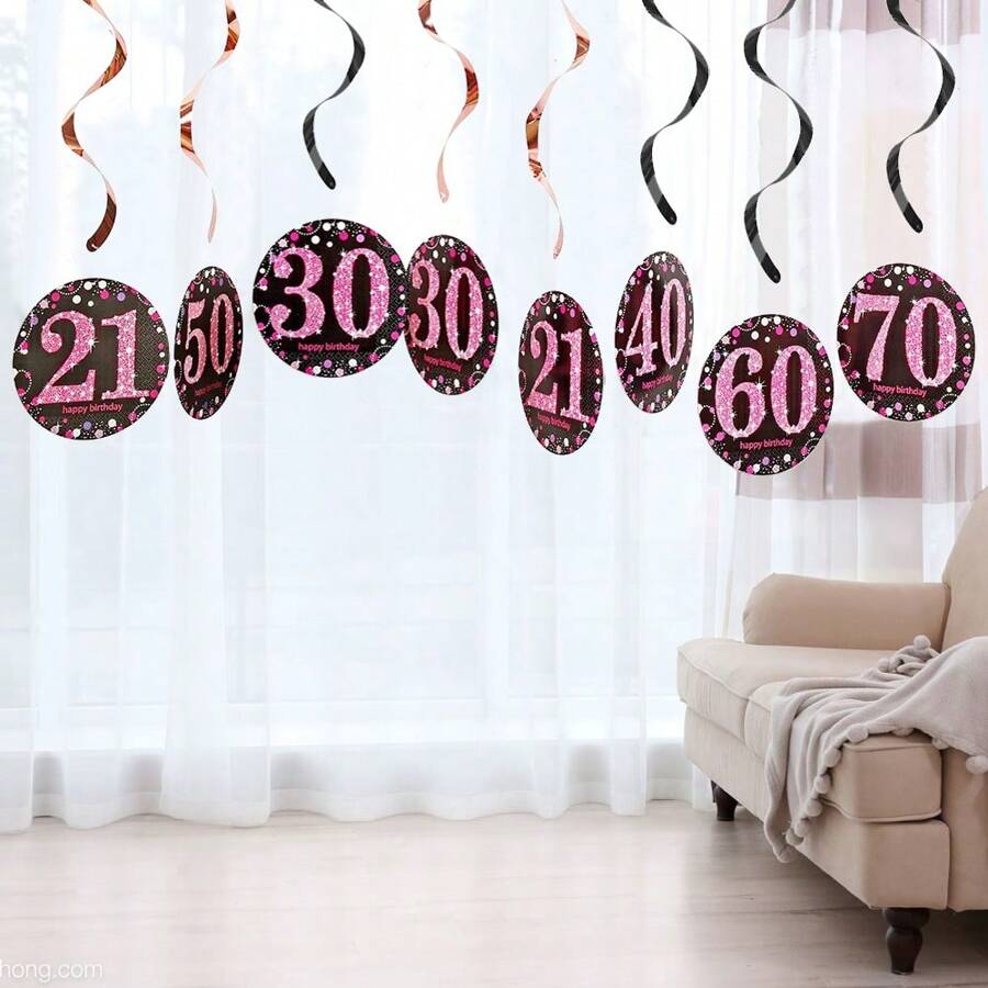 1set Rose Gold PVC Spiral Happy Birthday Swirl 18/21/30/40/50/60/70/80 Years Old Hanging Ornaments Birthday Party Decorations Birthday Decor