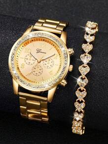 Women's Steel Strap Three-Eye Digital Dial Quartz Watch + Bracelet (2pcs/Set) - Gold - View 1