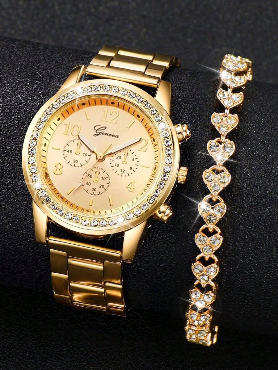 Women's Steel Strap Three-Eye Digital Dial Quartz Watch + Bracelet (2pcs/Set) - Gold - View 1
