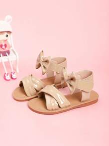 Sandalias planas casuales y de moda con lazo bonito de color albaricoque para niñas, zapatos de princesa para la playa para uso diario, primavera/verano