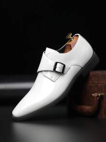 Fashionable Breathable Solid Color Shiny Men's Wedding Formal Dress Shoes, Suitable For Groom, Casual Wear, Spring/Summer/Autumn, White Color