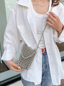 时尚、高品质手工串珠手机包，简约百搭，小众设计斜挎包，小巧轻便 - 灰色 - 查看 5