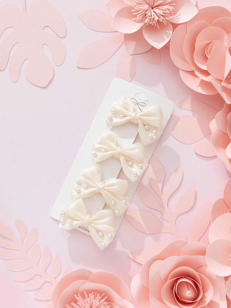 4 Pcs/Set Elegant Minimalist Solid Color Pearl Bow Hair Clips For Kids - Beige - View 1