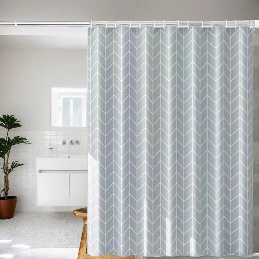 Simple Multipurpose Grey Grid Printed Waterproof Bathroom Shower Curtain Set, High-End Thick Shower Curtain And Shower Divider Curtain - Gray Grid - View 1
