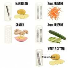 五合一蔬菜切片器套装，多功能水果切片器，手动食物切丝器，蔬菜刨丝器，土豆刨丝器，家用土豆刨丝器，多功能蔬菜切片切丝器套装，带可互换刀片，手持式曼陀林厨房工具，可用于土豆、胡萝卜、黄瓜刨丝和切华夫饼，包含削皮器 - 藍色 - 查看 3
