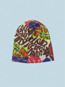 Y2K Visorless Beanie Cap, Gothic Graphic Visorless Beanie, Warm Knitted Cap For Outdoor Winter, Unisex Fashion Slouchy Beanie, Great Gift For Cycling, Fruit Boho Party, Casual Vintage Acrylic Printed Knit Cap, All Season - A - View 4