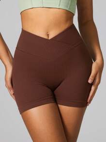 NcmRyu 1pc Women's Solid Color Casual Ribbed High Waist Lifting Fitness Yoga Sports Shorts - Cà phê nâu - Xem 2