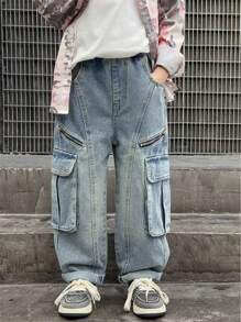 Jeans droits en denim lavé épais de style américain avec fermeture éclair pour adolescents/garçons, pantalons décontractés pour enfants, printemps automne