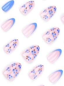 24pcs French Almond Press Nails, Spring Purple Flower Design Fully Covered Fake Nails, Reusable, Enhance Your Elegant Suitable For Female Girls Daily/Spring Outing/Date Use - Includes Nail File And Jelly Glue