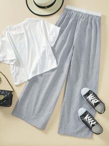 2 件套青少年女孩针织短款短袖上衣配蕾丝蝴蝶结、条纹阔腿裤套装，夏季 - 白色 - 查看 2