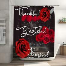 1pc Letter & Leaf Print Farmhouse Style Polyester Fabric Shower Curtain, Suitable For Bathroom Partition Home Decor, Comes With 12pcs Hooks Back To School