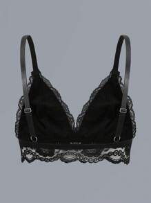 大码女式镜面 PU 皮革与撞色蕾丝性感百搭文胸 - 黑色 - 查看 3