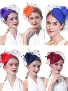 1pc Flower Feather Hair Accessory, Vintage Bridal Headpiece With Face Covering Net For Women's Party Gathering, Elegant Decoration Hat - Multicolor - View 1