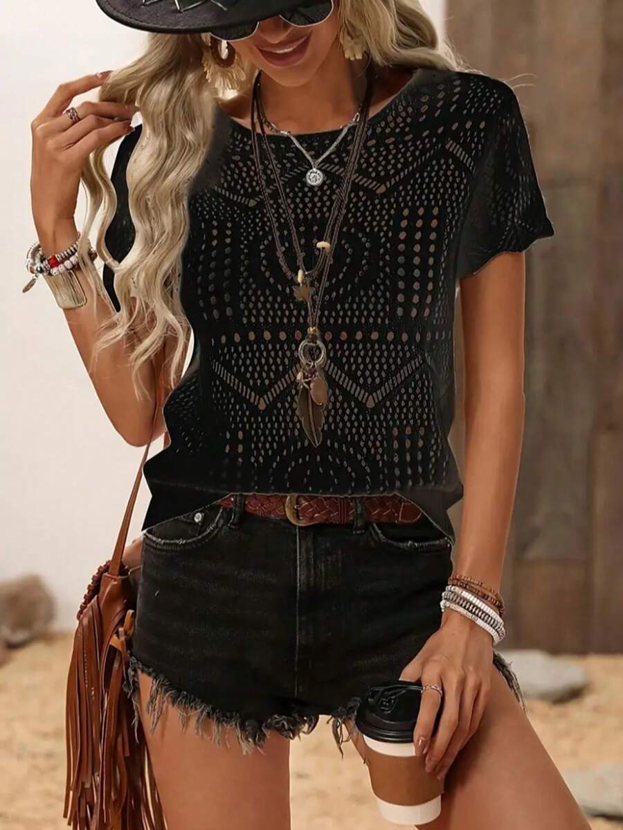 纯色镂空钩针上衣，休闲针织圆领短袖，薄款透气面料，适合春夏季，女士 - 黑色 - 查看 1