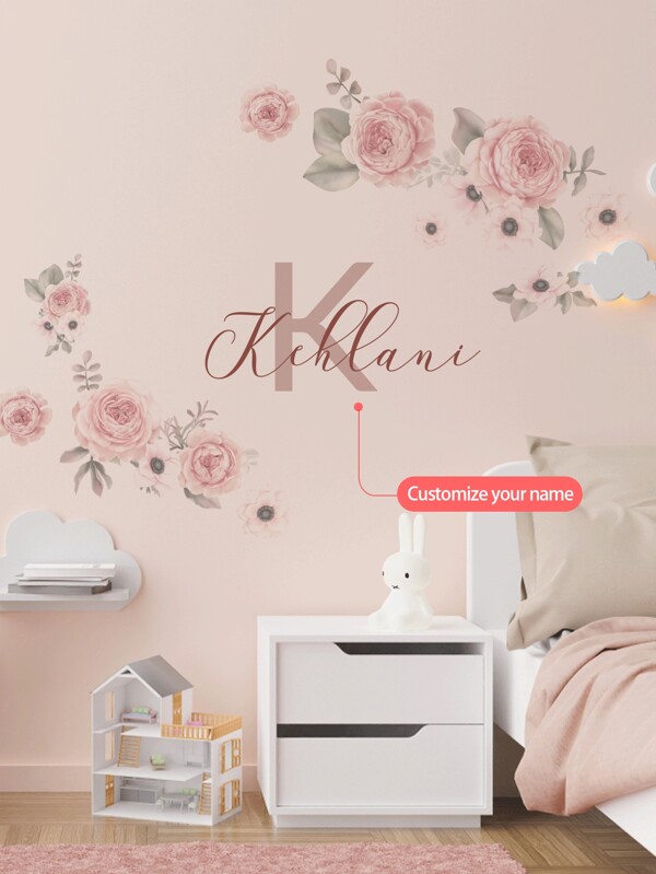 [Decoração personalizável para quarto infantil "Genie"] Adesivos de parede florais com desenhos animados + adesivos decorativos personalizados com nome/aniversário, adesivo comemorativo com nome de bebê faça você mesmo, adequado para aniversário, comemoração de 100 dias, decoração pré-escolar (adesivo removível) de volta às aulas