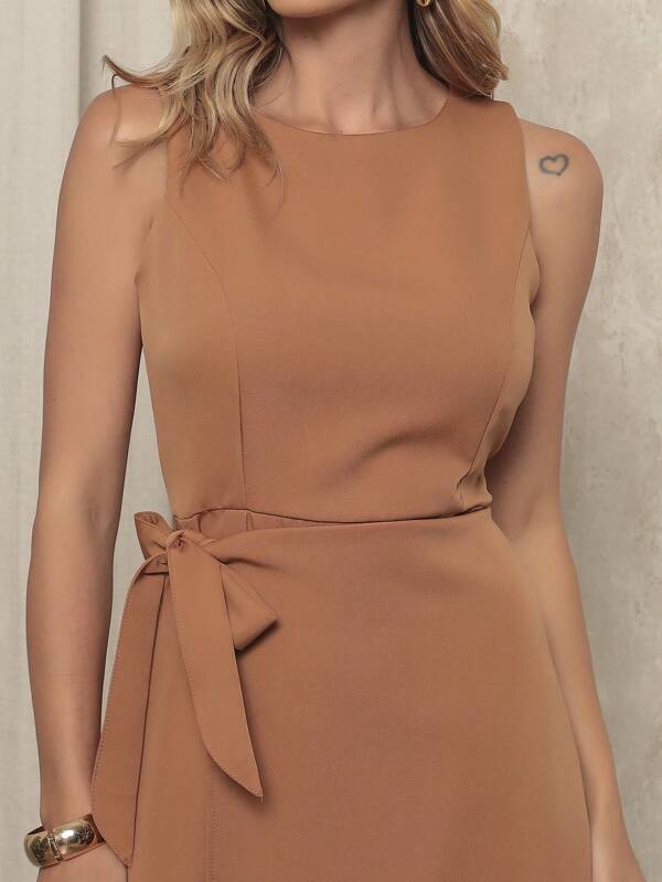 W120 Vestido Midí Feminino Elegante de Alfaiataria com laço fenda na parte de trás