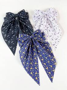 3pcs Women Star & Moon Print Simple Creative Personalized Hair Clips With Ribbons, Big Bowknot Barrette For Back Of Head, Suitable For