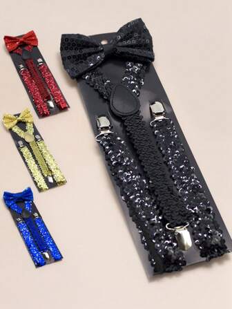 Set de 2 piezas de tirantes con lentejuelas y moño a juego, unisex para adolescentes, unicolor, tirantes tipo Y con moño