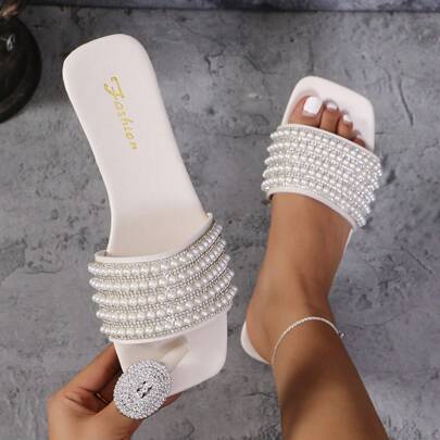 Women's Elegant Crystal Embellished Slip-On Casual Flat Fashion Sandals