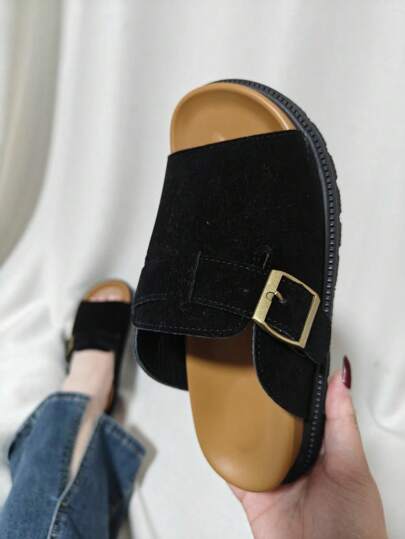 Damen Sandalen mit dicker Sohle für den Sommer, schwarze & braune offene Zehensandalen zum Hineinschlüpfen, lässige Strandschuhe mit runder Zehenpartie, komfortable Retro Sandalen