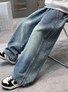 Jeans coupe droite pour garçons adolescents, pantalon en jean décontracté bleu pour garçons adolescents au printemps et en automne