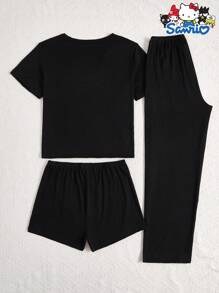 Sanrio 3 set pigiama da donna Hello Kitty Sanrio, composti da maglia a girocollo, pantaloncini e pantaloni lunghi, con stampa di cartoni animati e lettere, pigiama comodo