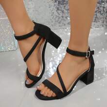 Women's Square Toe High Heel Shoes, Solid Color Buckle Strap High Heeled Shoes, Music Festival Wedding High Heels
