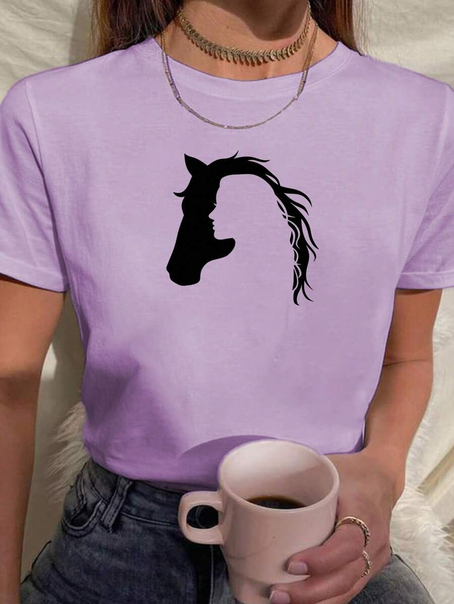 Women's Babylook T-Shirt Horse And Woman Hollow Silhouette Love Animals Horse 100% Cotton Various Colors - Màu tím - Xem 1
