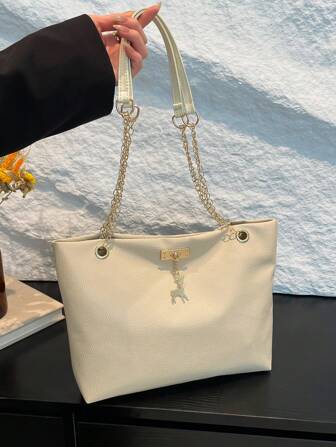 1 件涤纶鹿装饰大容量拉链开合时尚单肩手提包，适合女性日常使用