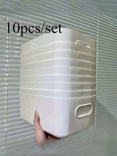 10 件白色塑料储物篮带手柄 - 多功能矩形储物盒，适用于厨房橱柜、浴室和食品储藏室 - 非常适合香料、零食必需品、搁架篮